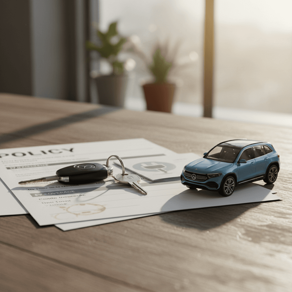 Paperwork and a small Mercedes EQB model illustrating insurance decisions for an electric SUV