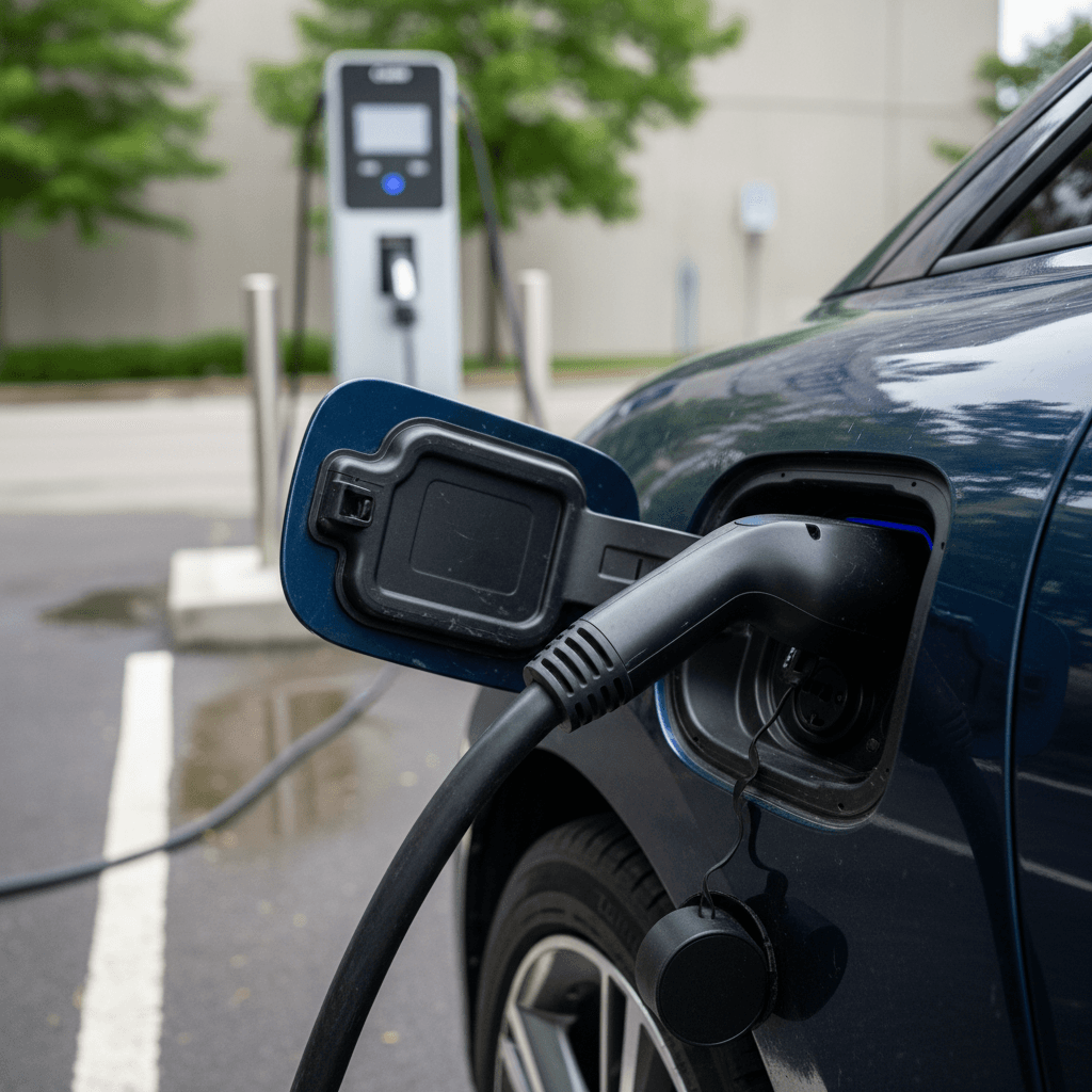 Technician inspecting a Kia EV6 high-voltage battery system at a service bay