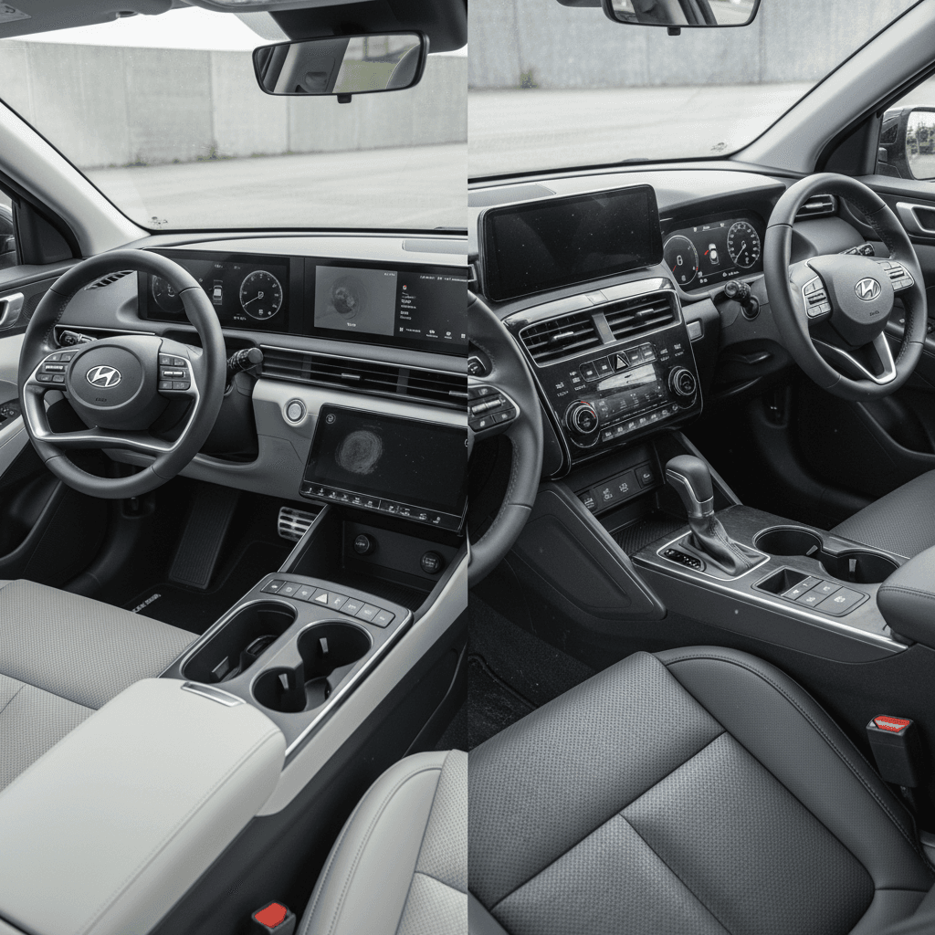 Side by side view of Hyundai IONIQ 5 and Hyundai Tucson Hybrid interiors showing spacious cabins and modern touchscreens