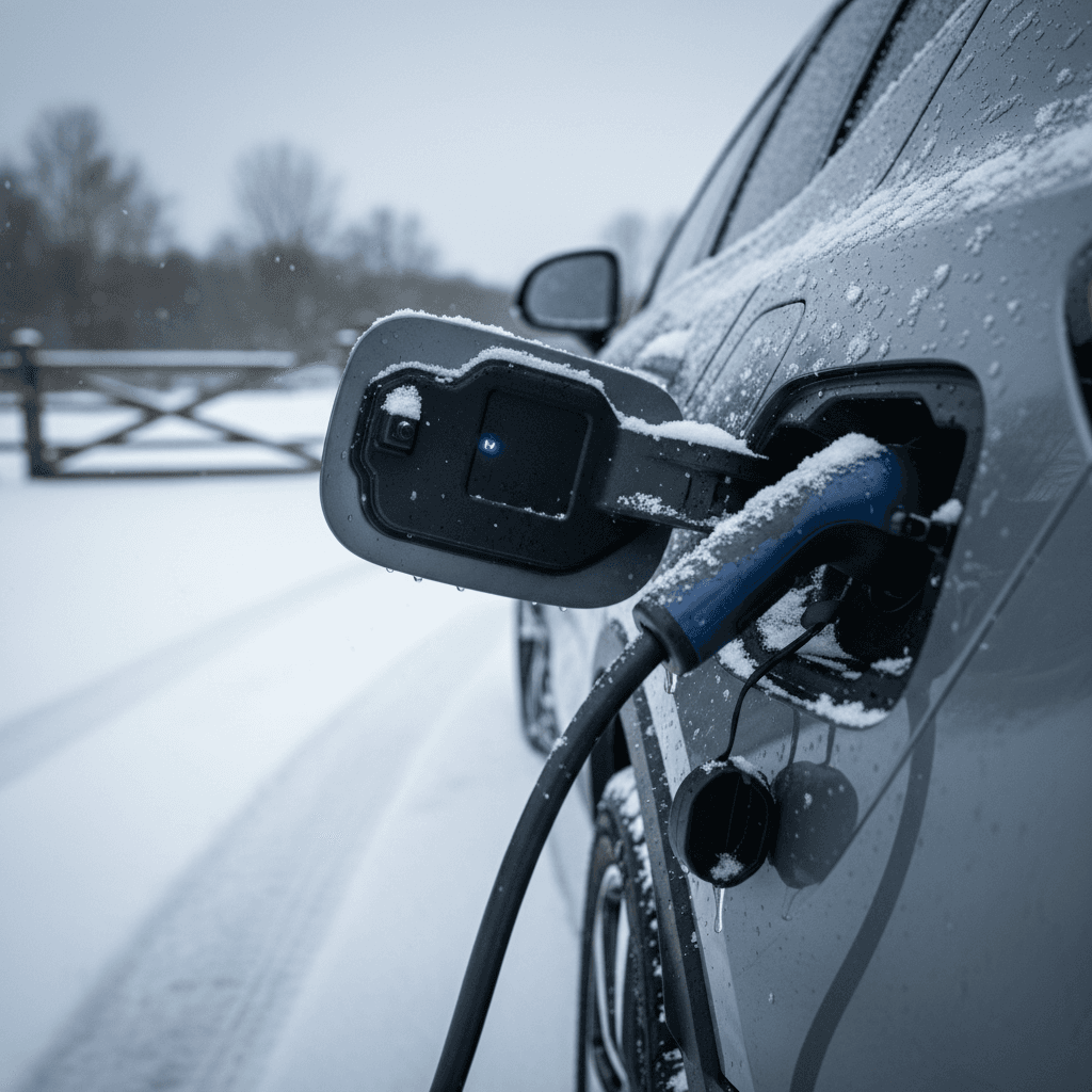 Volvo C40 Recharge charging in a residential driveway with light snow on the body, cable connected to home wallbox