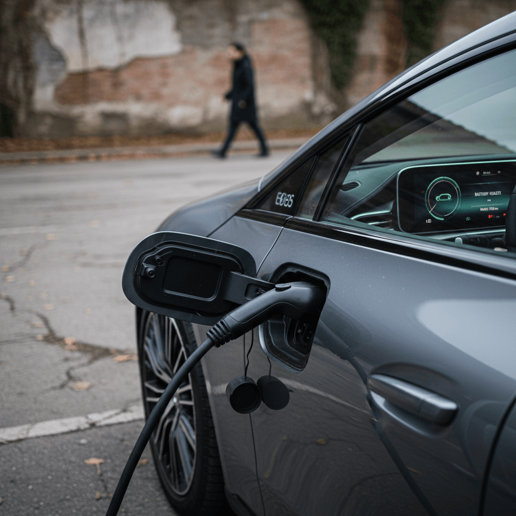 Driver checking battery health and range data on a 2024 Mercedes EQS digital instrument cluster while the car charges