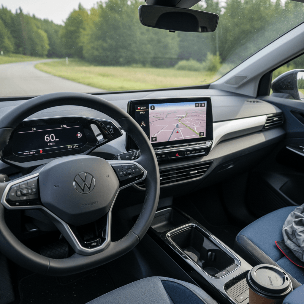 Volkswagen ID.4 interior with digital cockpit and large central touchscreen, emphasizing modern EV design compared to Tiguan