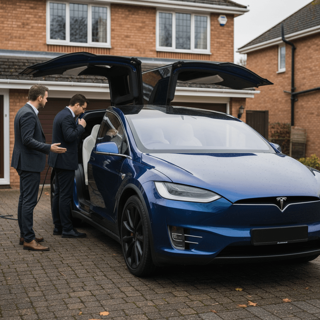 Seller demonstrating a clean Tesla Model X with open Falcon‑Wing doors to a prospective buyer in a driveway