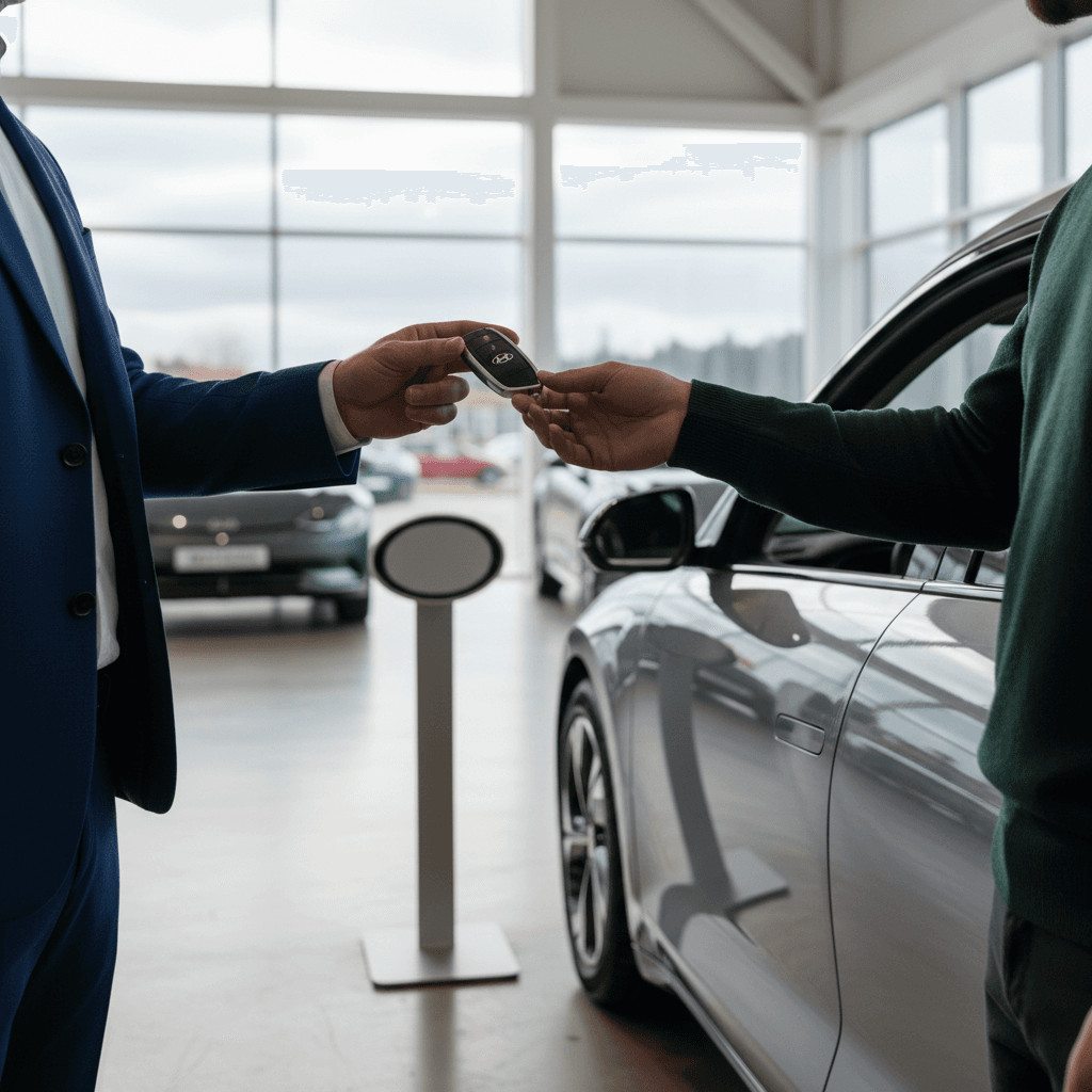 Seller and buyer completing paperwork next to a Hyundai IONIQ 6 at an EV-focused showroom