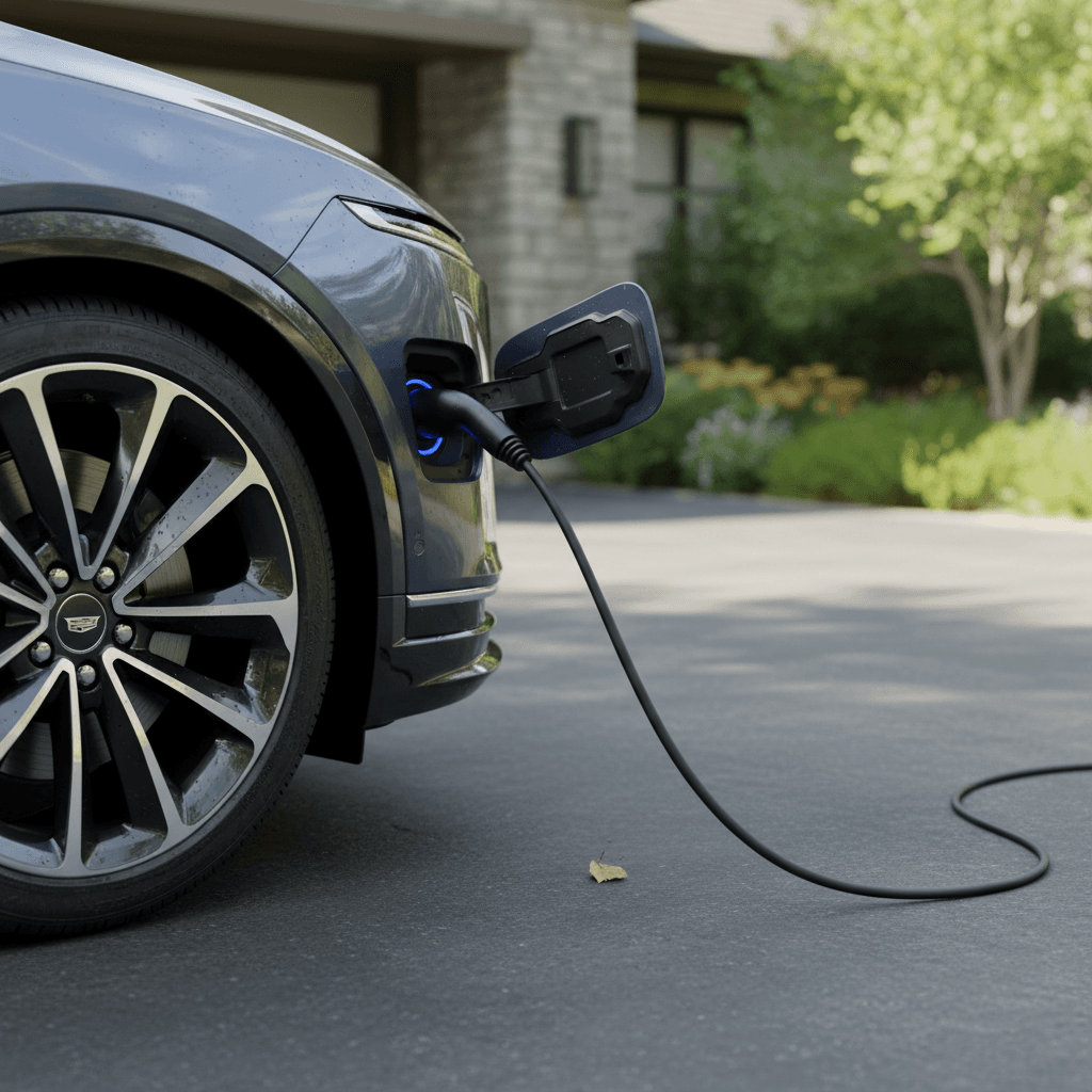 Clean 2024 Cadillac Lyriq parked in a driveway, showing wheel and charging port detail