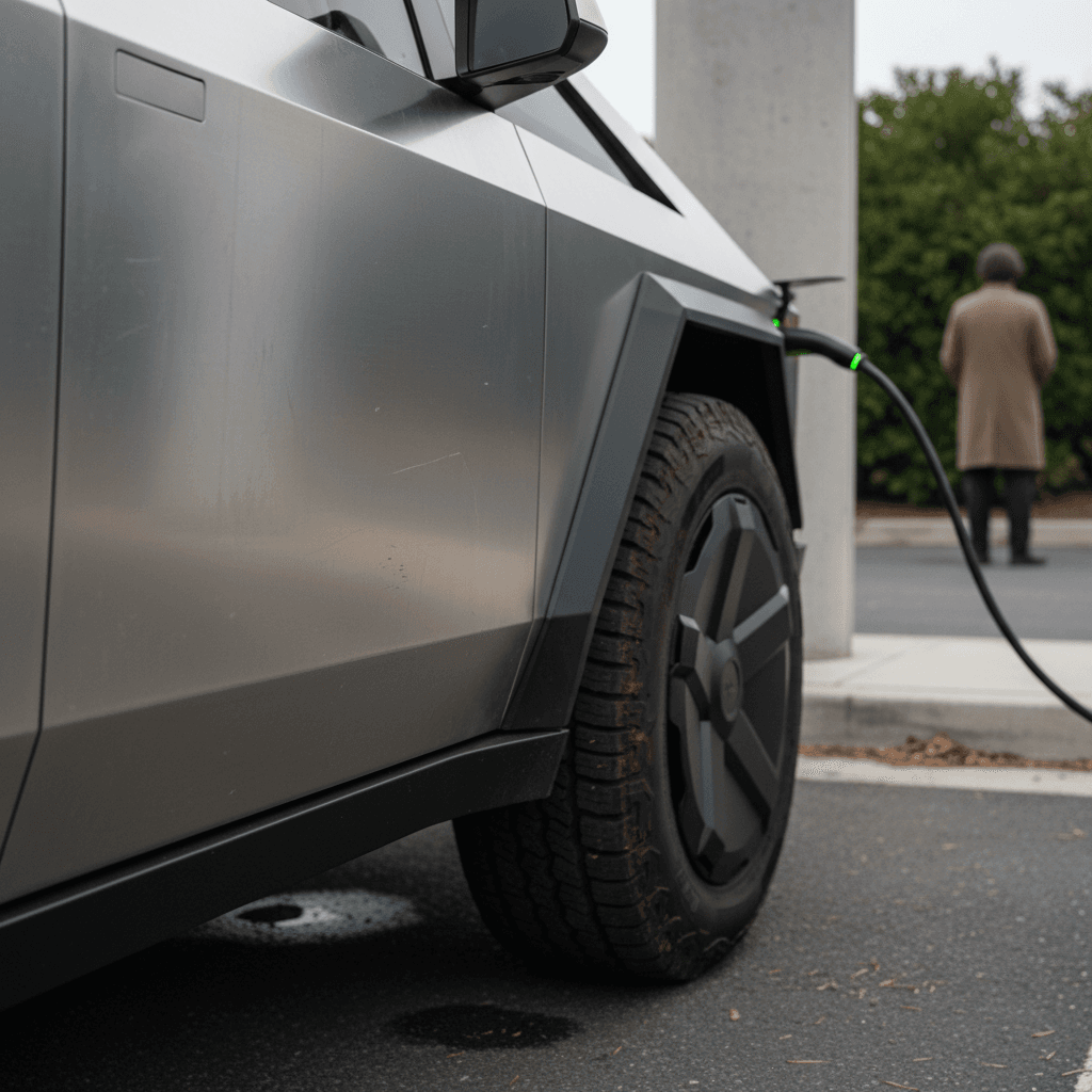Tesla Cybertruck parked at an EV charging station showing stainless-steel body and sharp-edged design