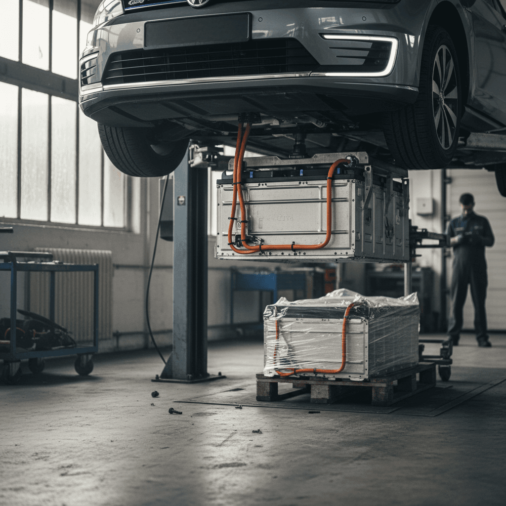 Mechanic inspecting an electric vehicle battery pack from underneath the car