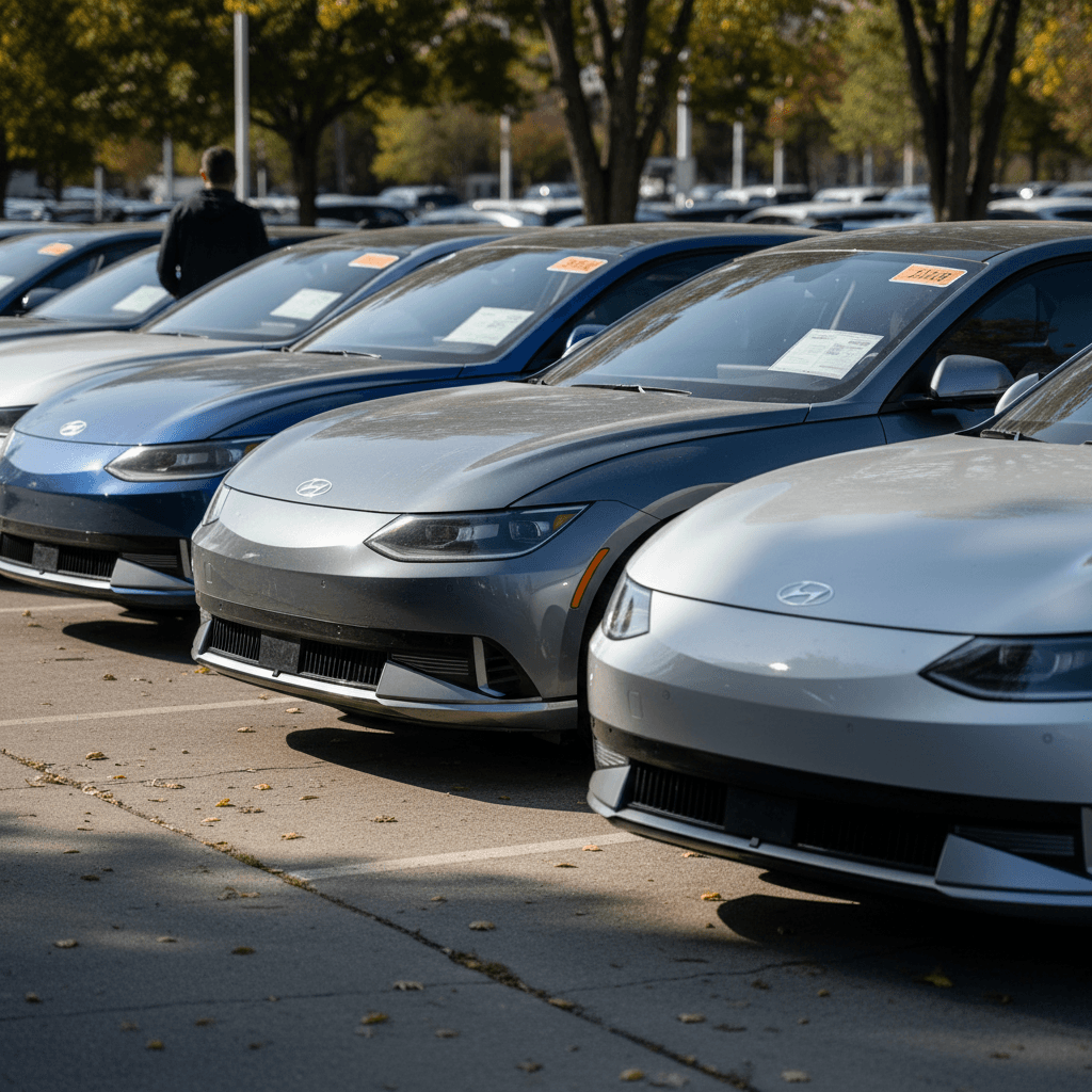 Row of used Hyundai Ioniq 6 sedans at a dealership lot, highlighting how much value they lose in the first five years
