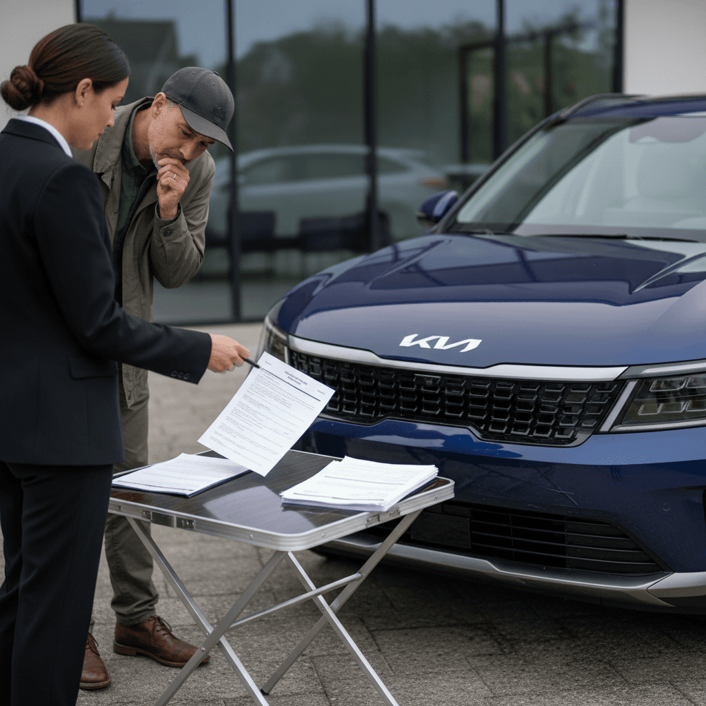 Kia EV9 owner discussing insurance options with an agent next to the three-row electric SUV