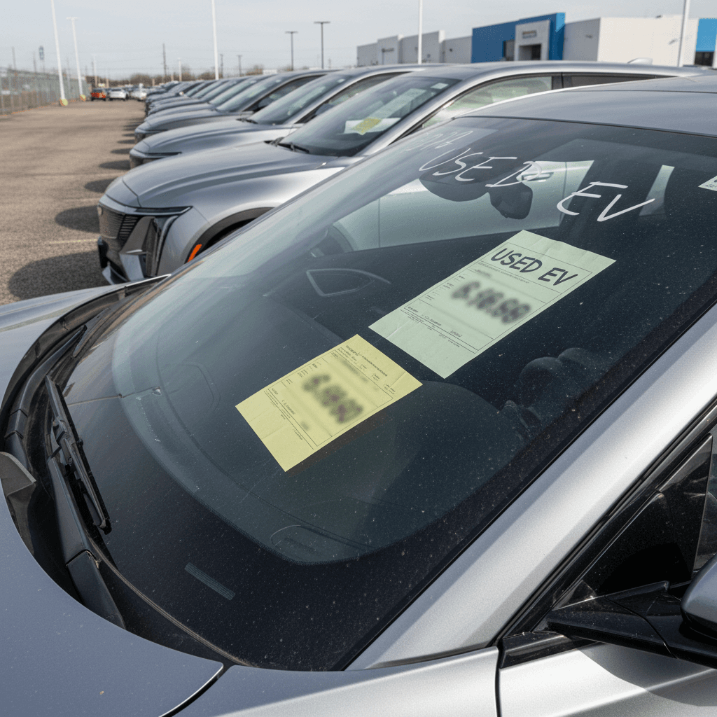 Line of used Cadillac Lyriq SUVs on a dealer lot, each with price stickers in the windshield, illustrating current resale values in 2026.
