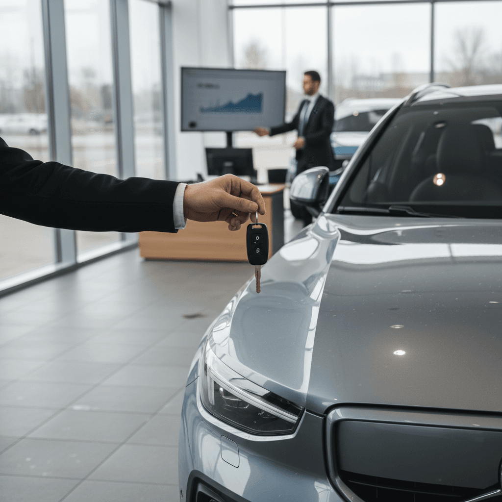 Owner handing keys of a Volvo EX40 to a buyer inside a modern, bright EV showroom