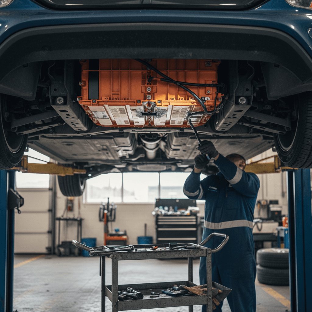 Chevrolet Bolt EV on a lift with a technician inspecting the high-voltage battery pack from underneath