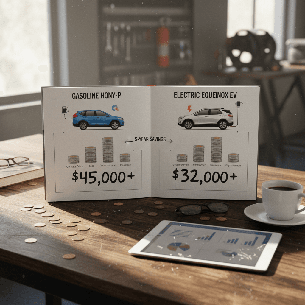 Side-by-side illustration of Honda CR-V and Chevrolet Equinox EV with icons showing fuel pump, home charger and cost labels
