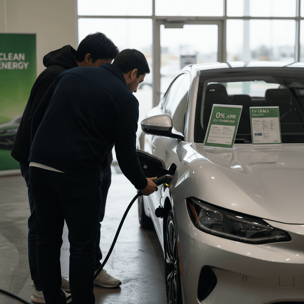 Row of electric cars with sale banners at a dealership lot