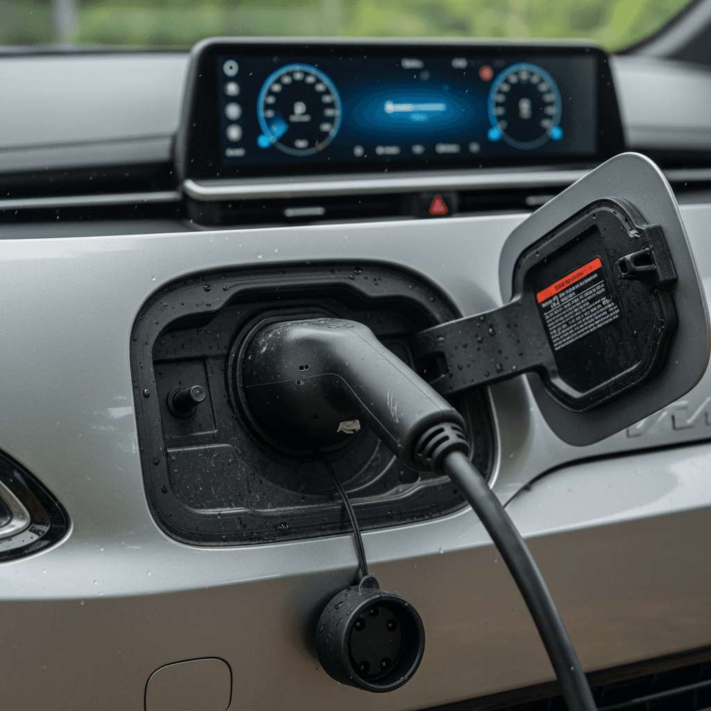 Kia EV6 charging port and connector plugged in with range displayed on dashboard screen