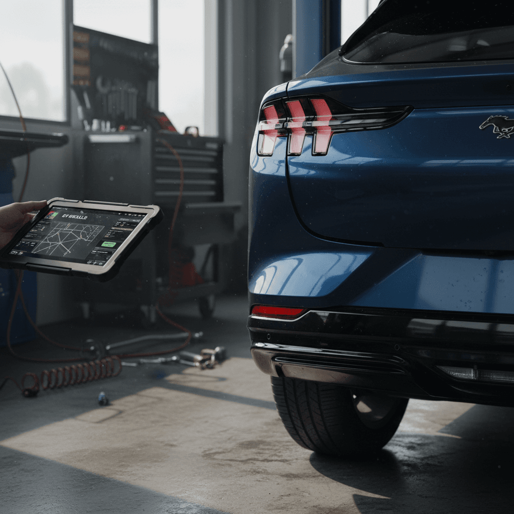 Ford Mustang Mach-E in a service bay with a technician reviewing diagnostic data on a tablet near the rear of the vehicle.