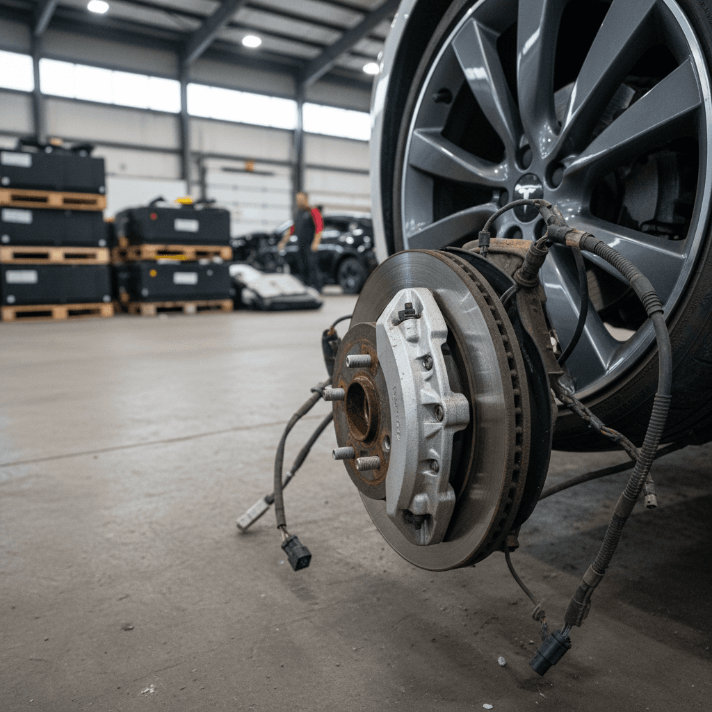 Damaged Tesla Model 3 with front-end collision damage in an auto salvage yard