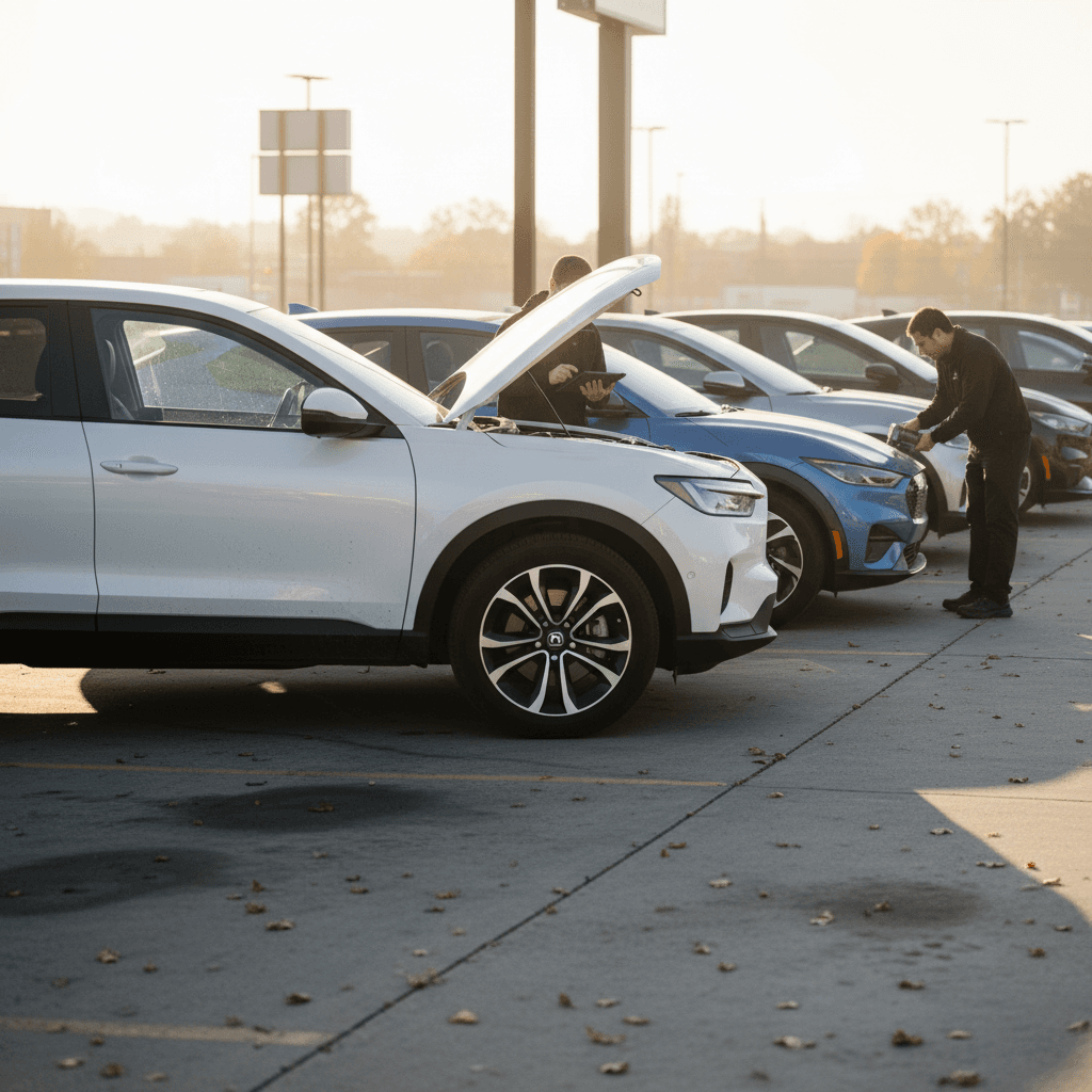 Used 2024 Honda Prologue and other electric SUVs lined up on a dealer lot awaiting appraisal for trade-in value