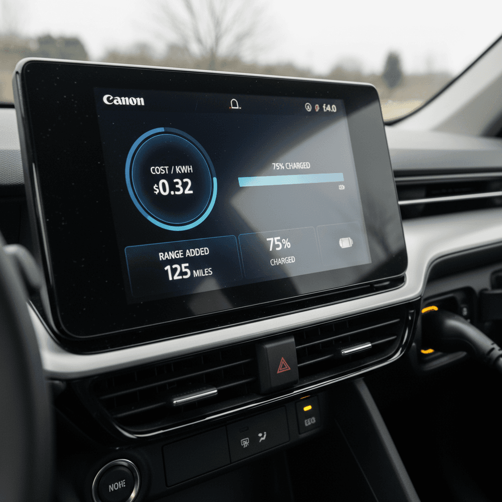 EV charging display showing electricity price per kWh and miles of range added