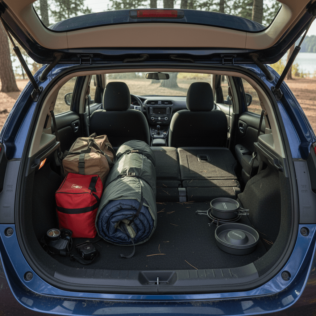 Nissan Leaf cargo space with both rear seats folded flat and filled with camping gear