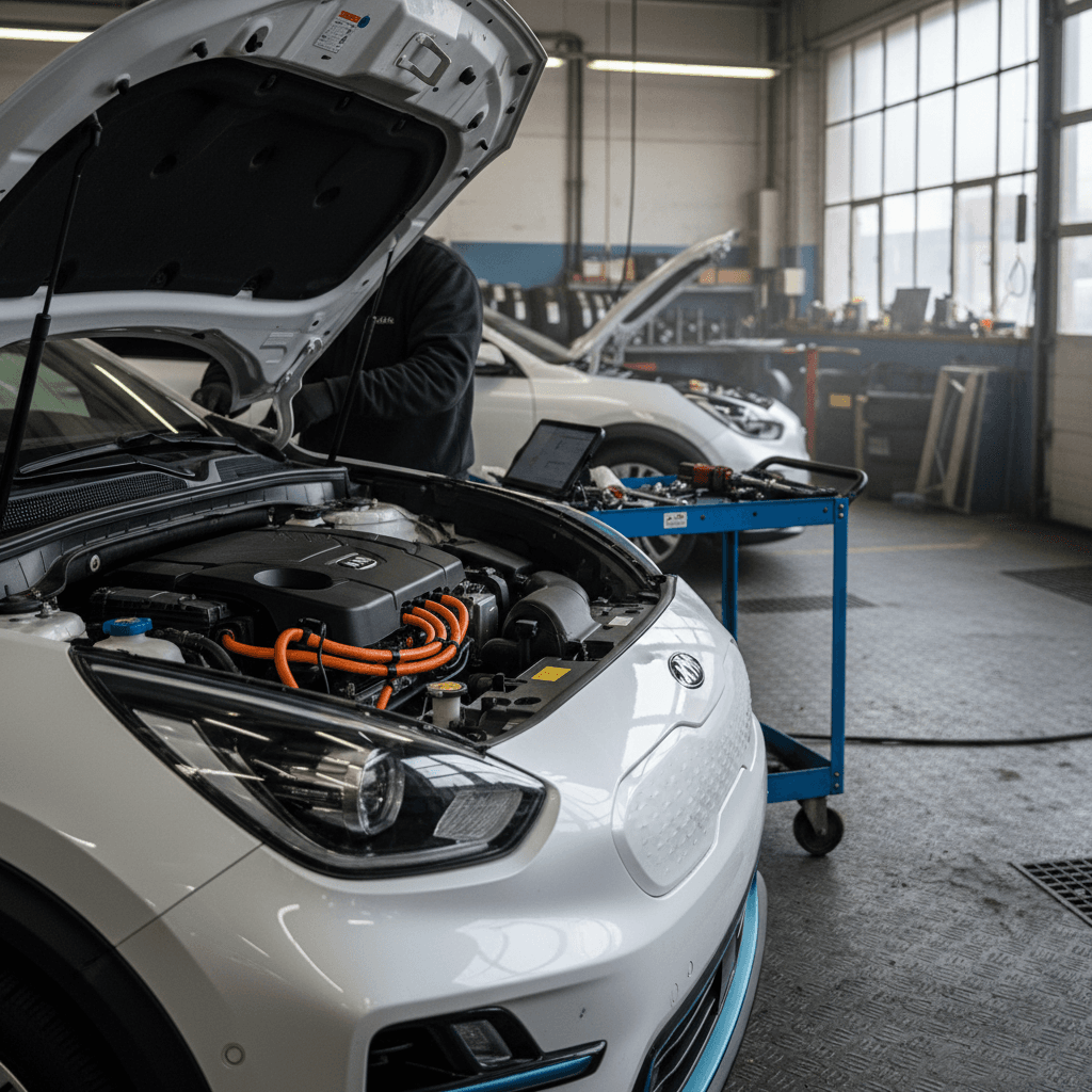 Technician inspecting the front motor area of a 2024 Kia Niro EV at a service bay