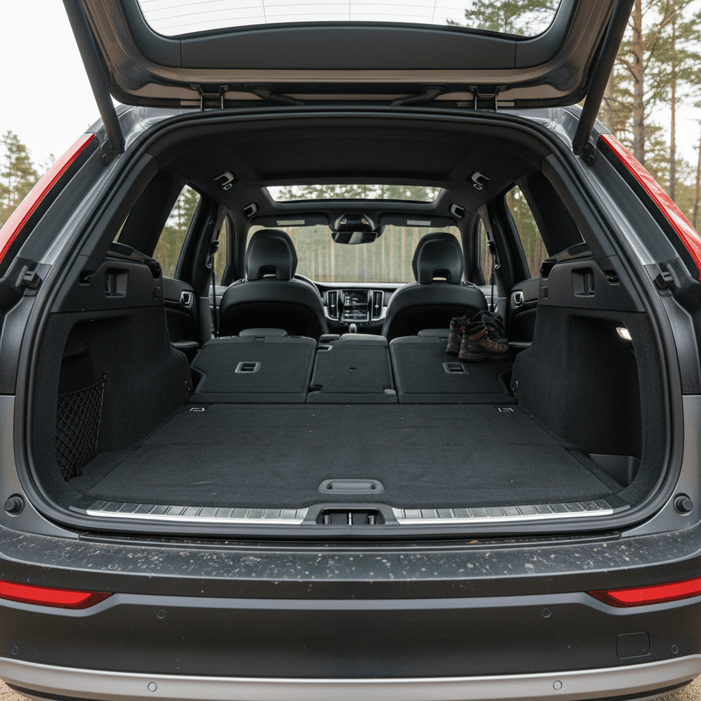Volvo EX90 cargo area viewed from the open tailgate with the second and third rows folded flat