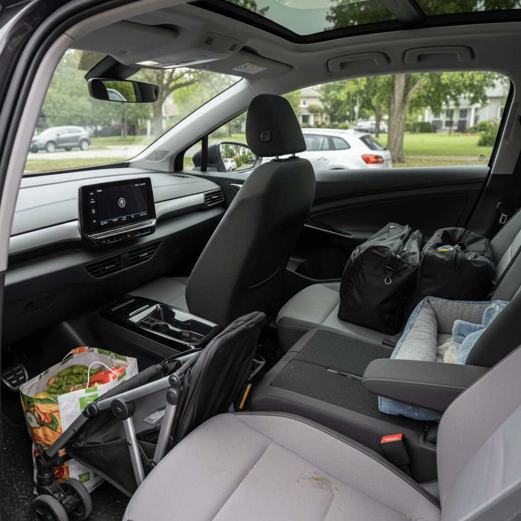 Spacious interior of a modern electric SUV showing rear legroom and flat floor