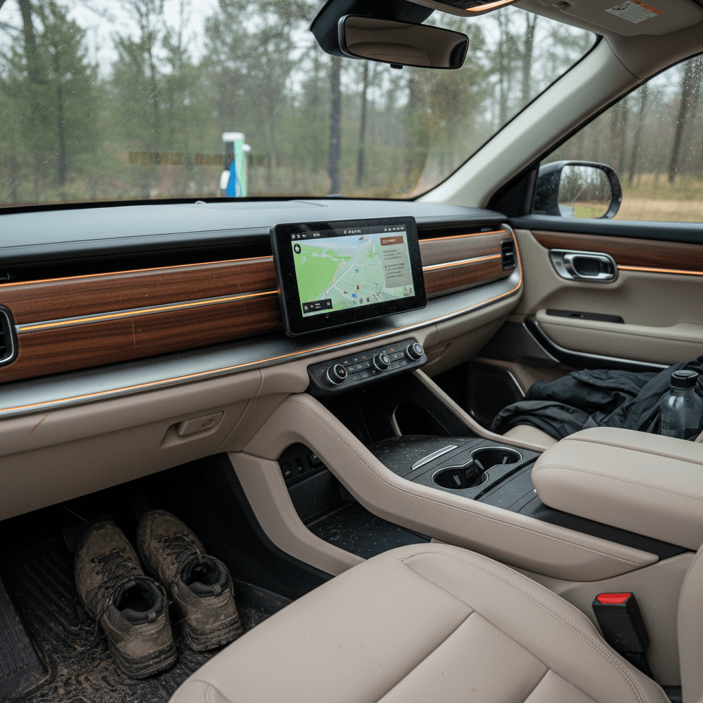 Interior of a 2023 Rivian R1S showing minimalist dashboard, dual screens, and front seats