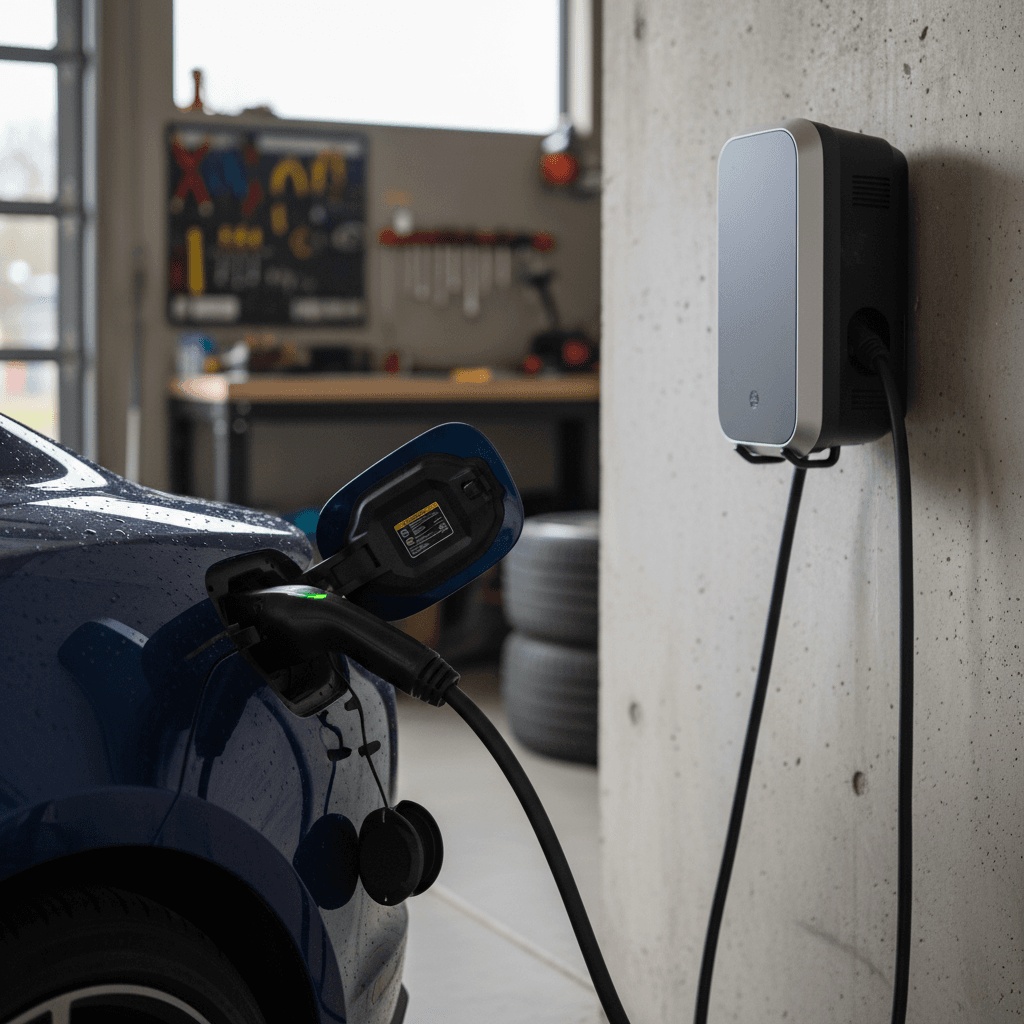 Porsche Taycan plugged into a wall-mounted Level 2 home charger in a modern garage