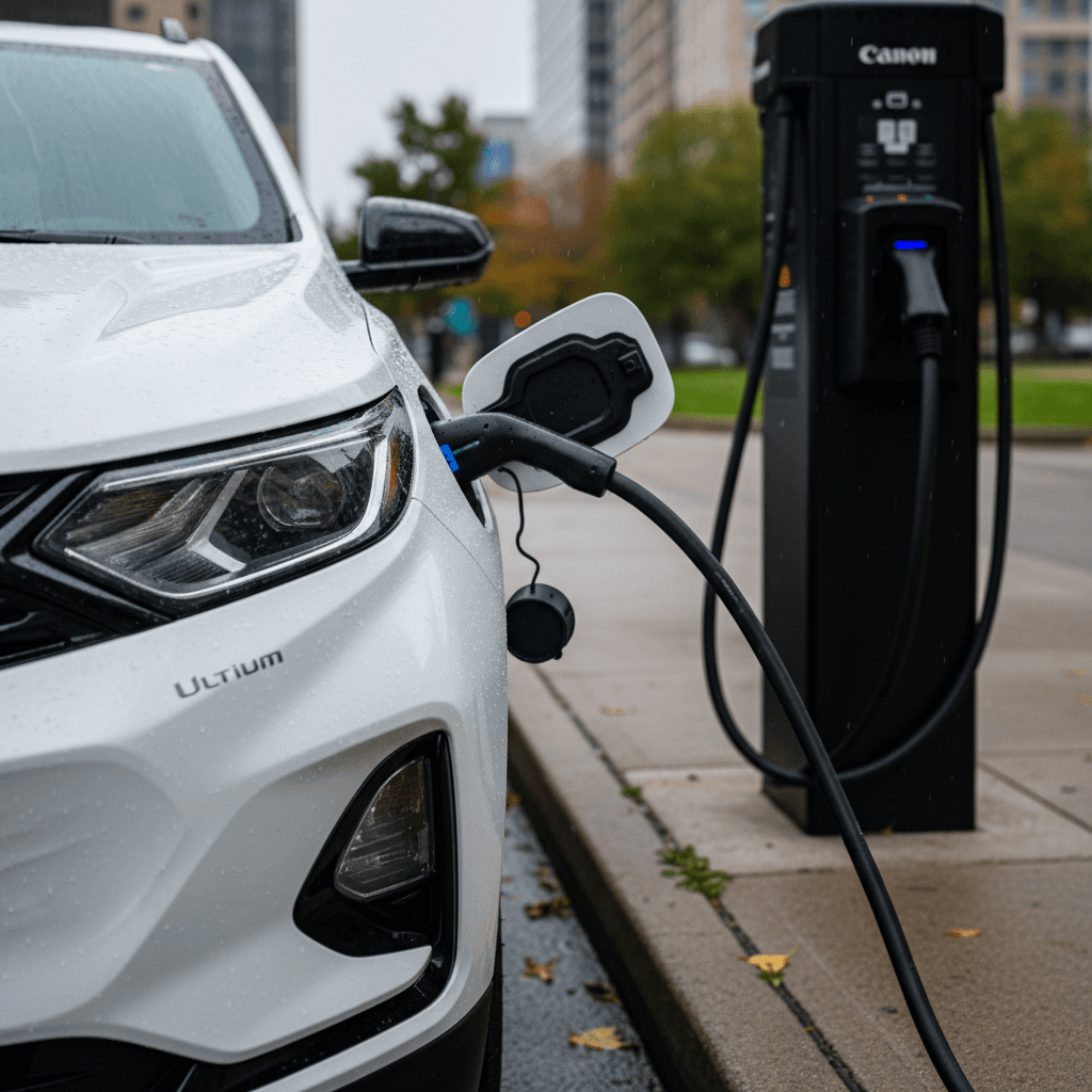 A Chevrolet Equinox EV connected to a public DC fast charging station, showing the charging cable and port clearly