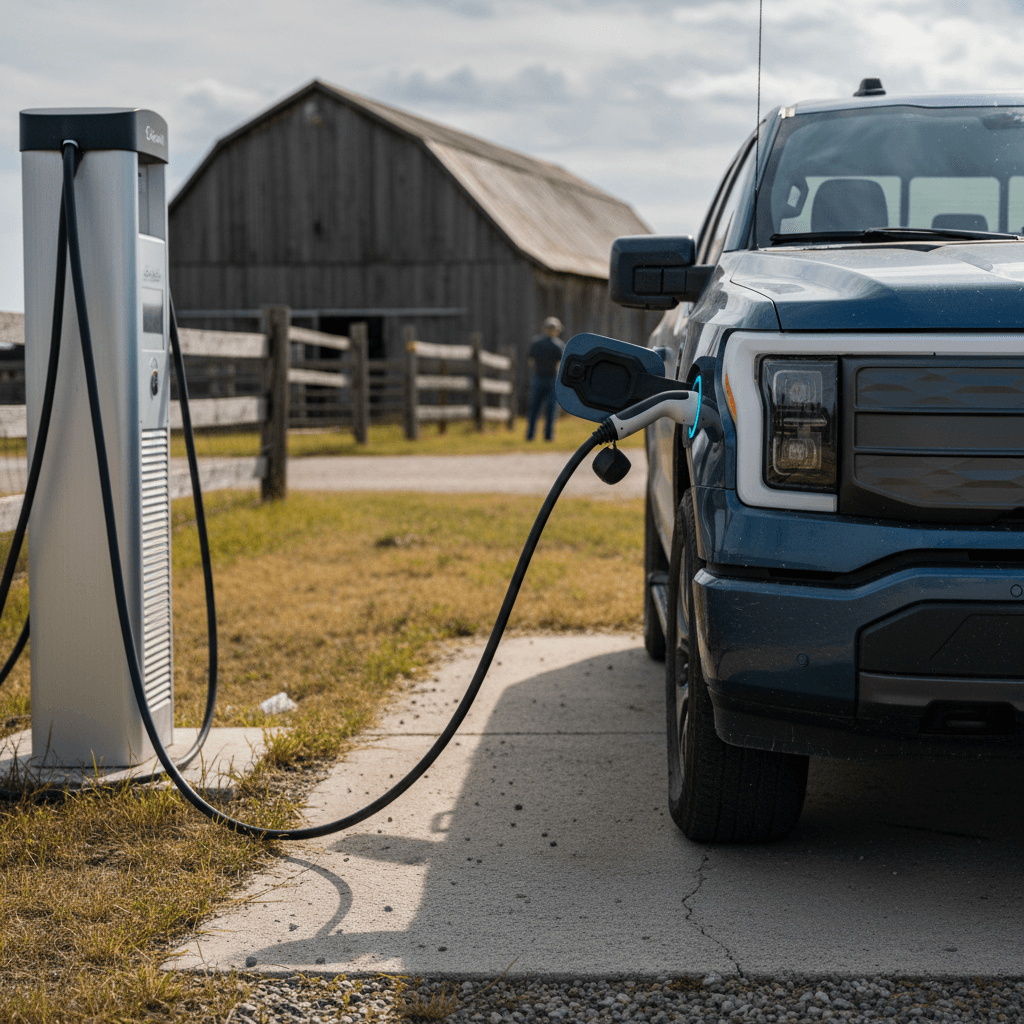 Electric pickup truck towing a trailer on the highway
