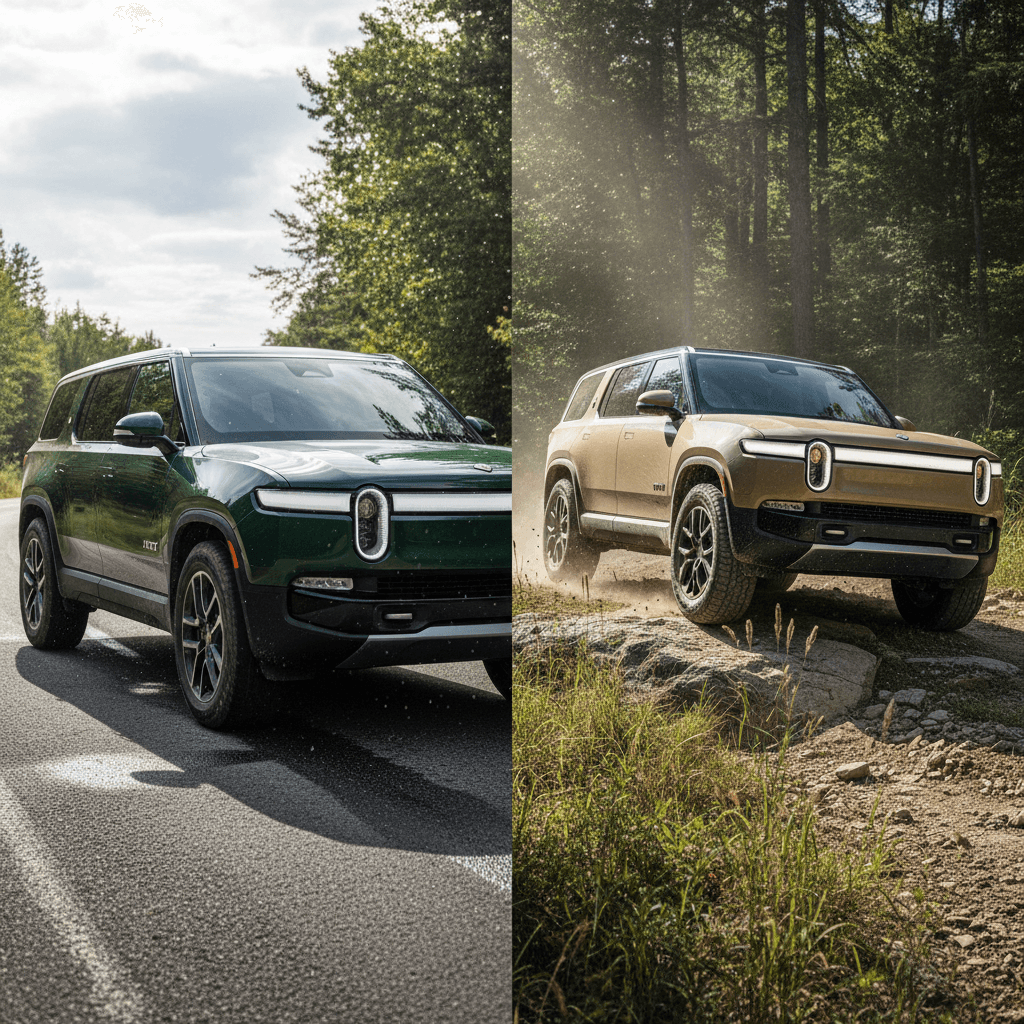 Dual Motor and Quad Motor Rivian R1S models parked together, one clean on-road spec and one with off-road tires and gear