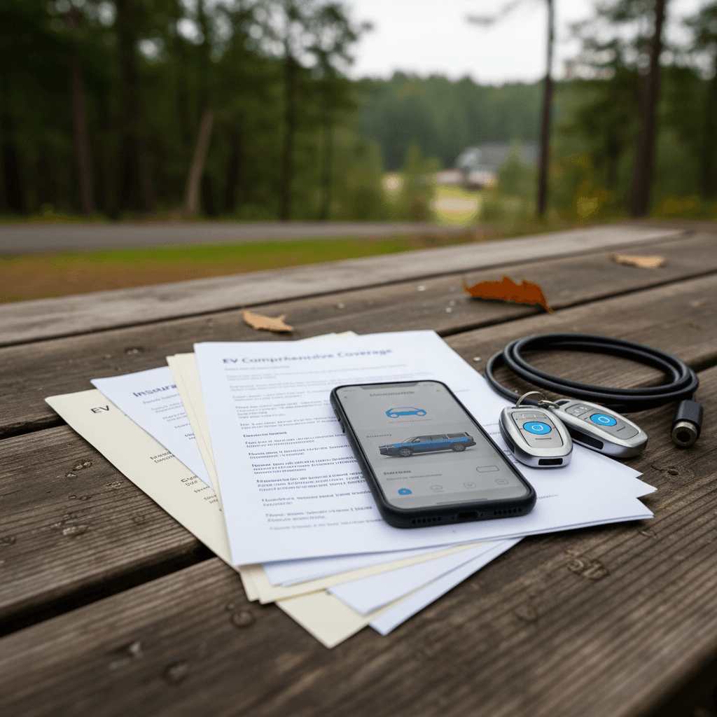 Close-up of insurance paperwork and smartphone app next to keys for an electric SUV, symbolizing monthly Rivian R1S insurance planning