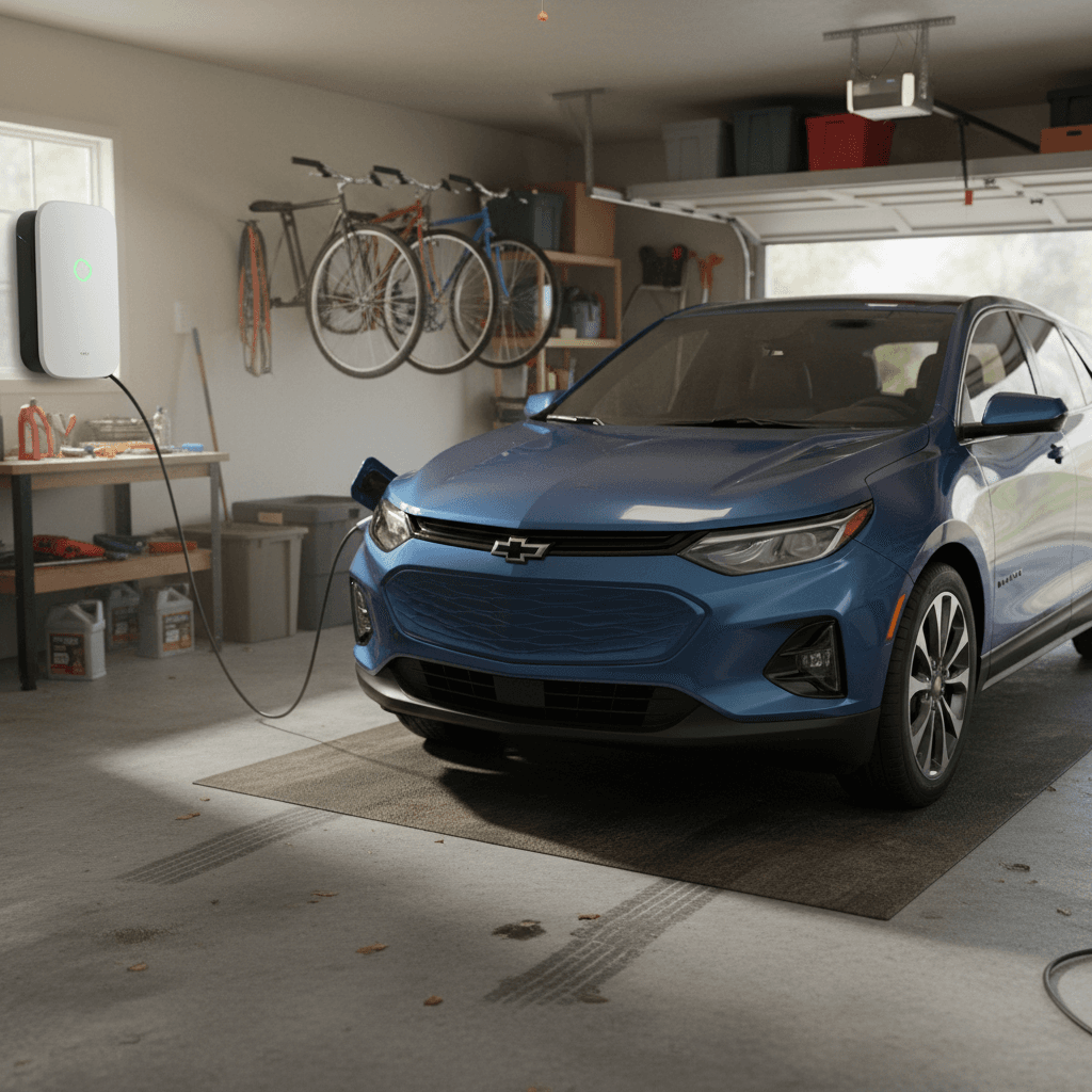 Chevrolet Equinox EV charging on a Level 2 wall-mounted charger in a home garage