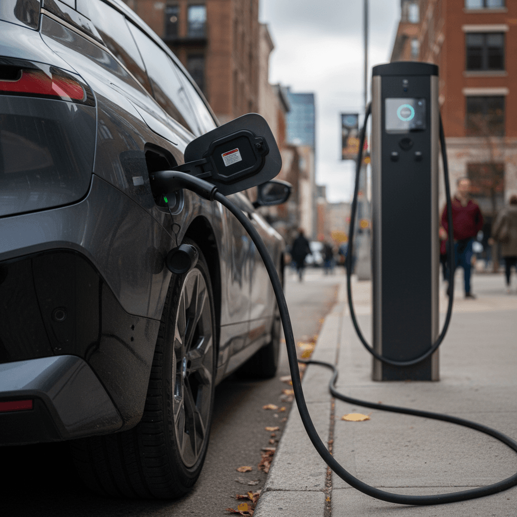 2022 BMW iX charging at a DC fast charger in an urban setting