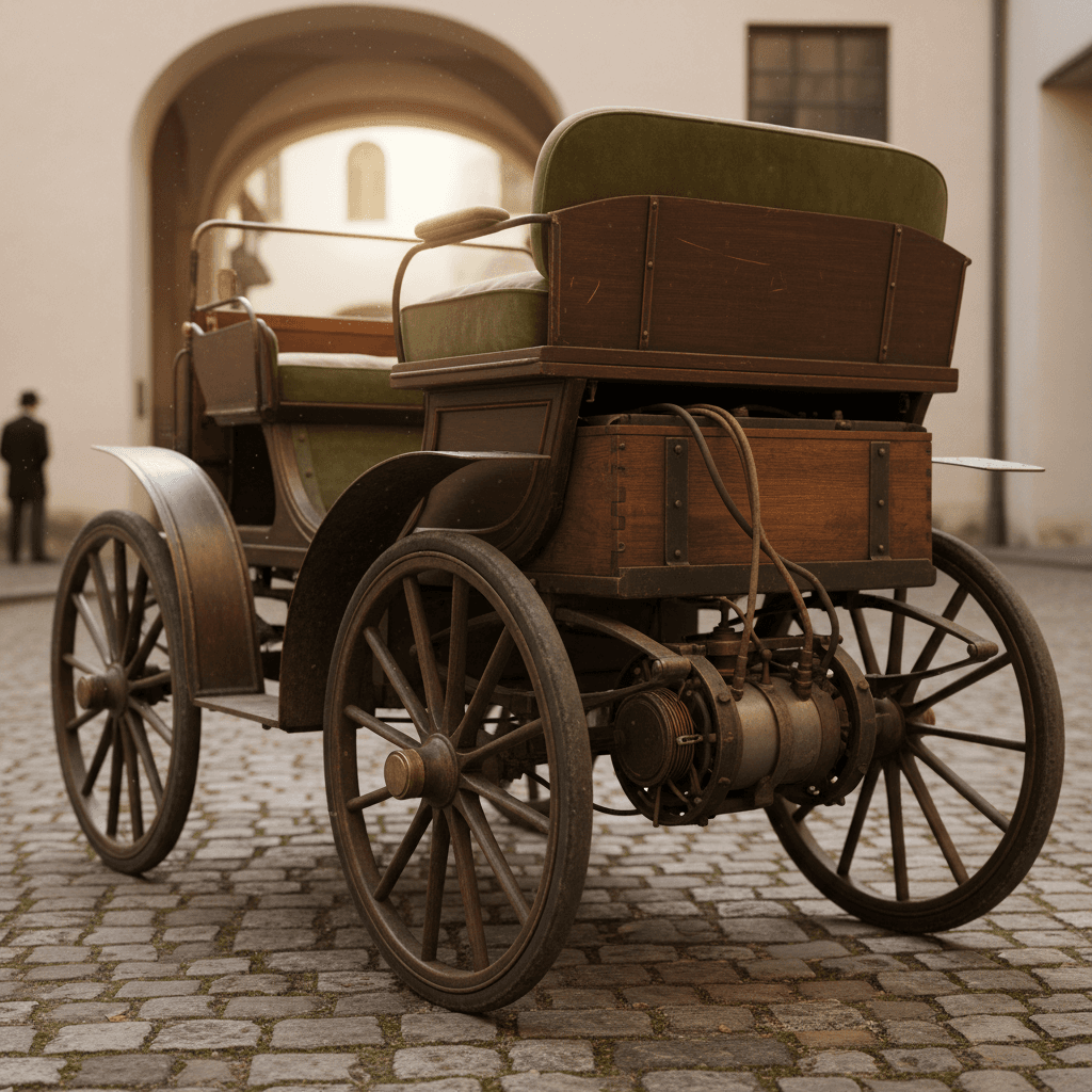A vintage electric car displayed in a museum, showing early EV carriage-style design