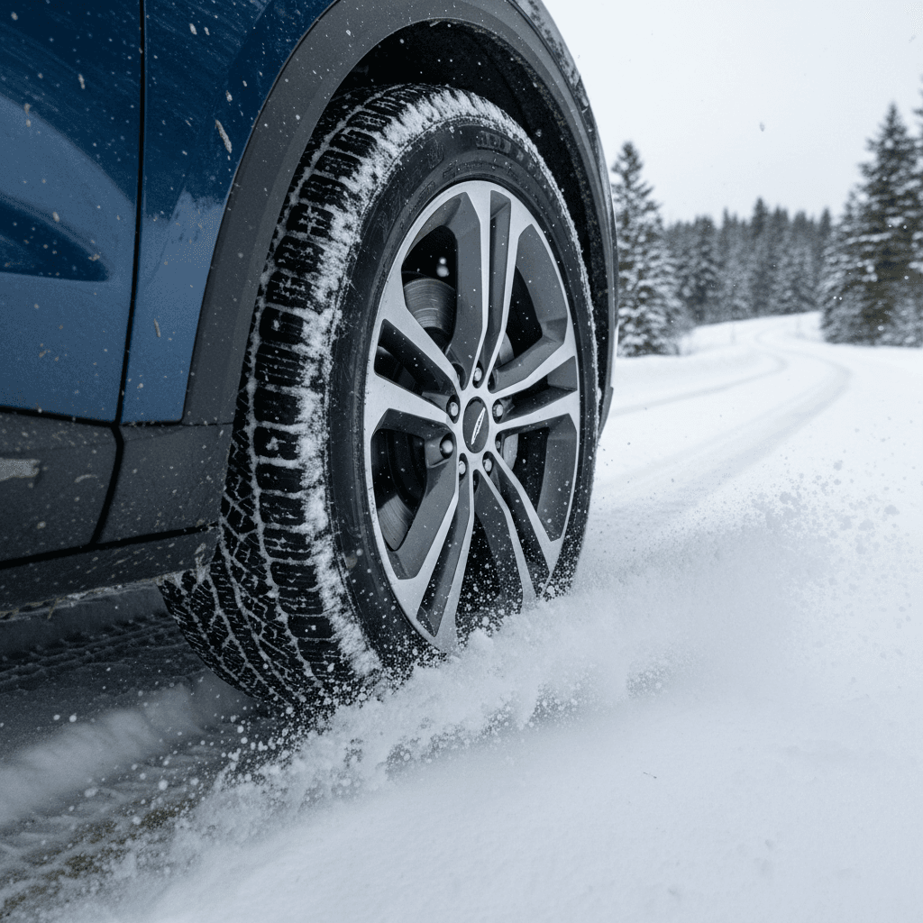 Electric SUV’s front wheel and winter tire driving through fresh snow on a residential street