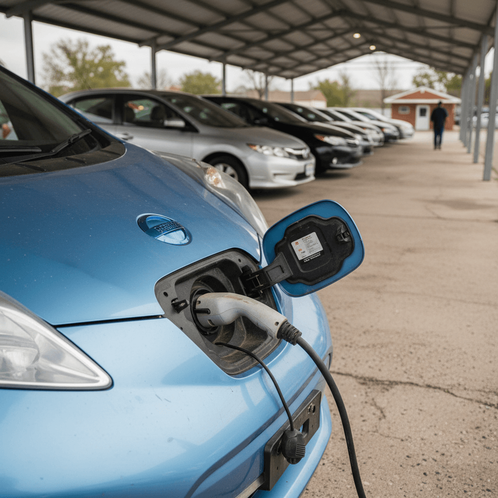 Row of used compact sedans like Honda Civic and Toyota Corolla parked on a dealer lot
