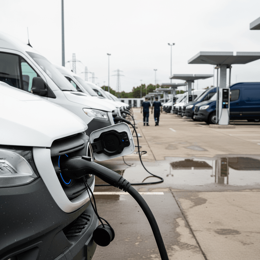 Electric cargo van plugged into a charging station at a commercial depot