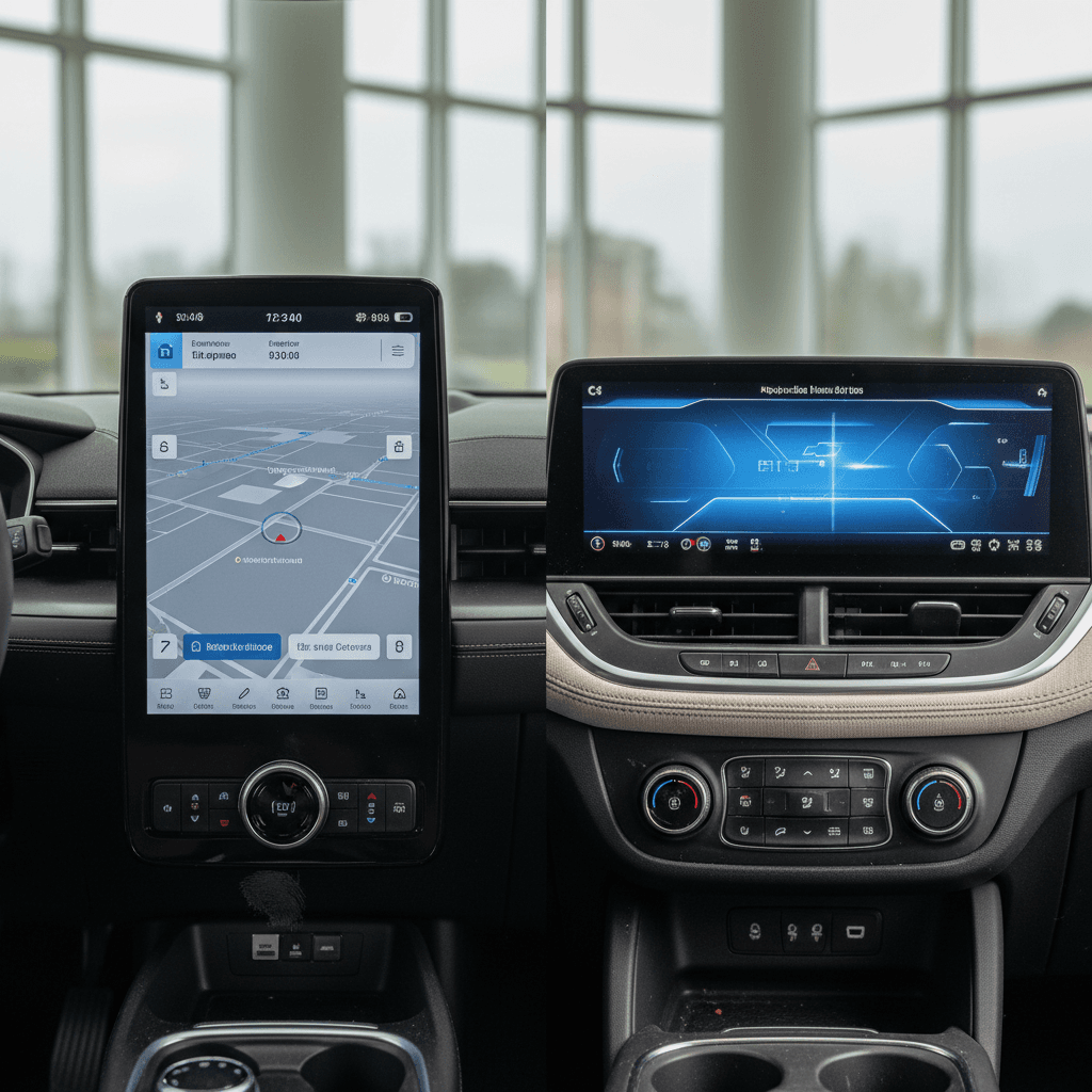 Side-by-side interiors of Ford Mustang Mach-E and Chevy Equinox EV showing large central touchscreens and digital gauge clusters