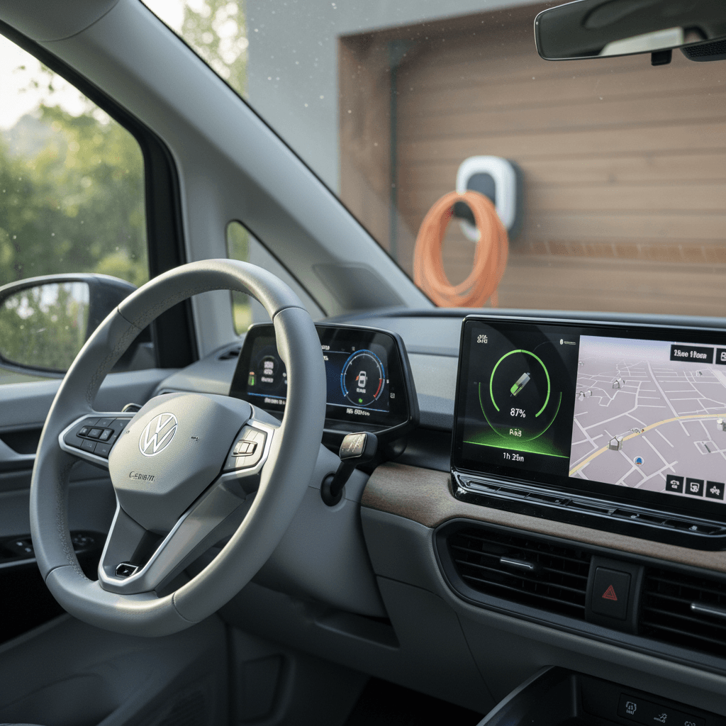 Volkswagen ID. Buzz interior showing infotainment screen and driver controls while parked and charging at home