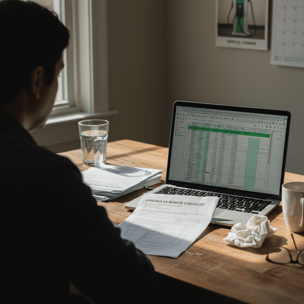 Driver in Norfolk reviewing an EV rebate checklist and tax documents while evaluating a used electric vehicle purchase online