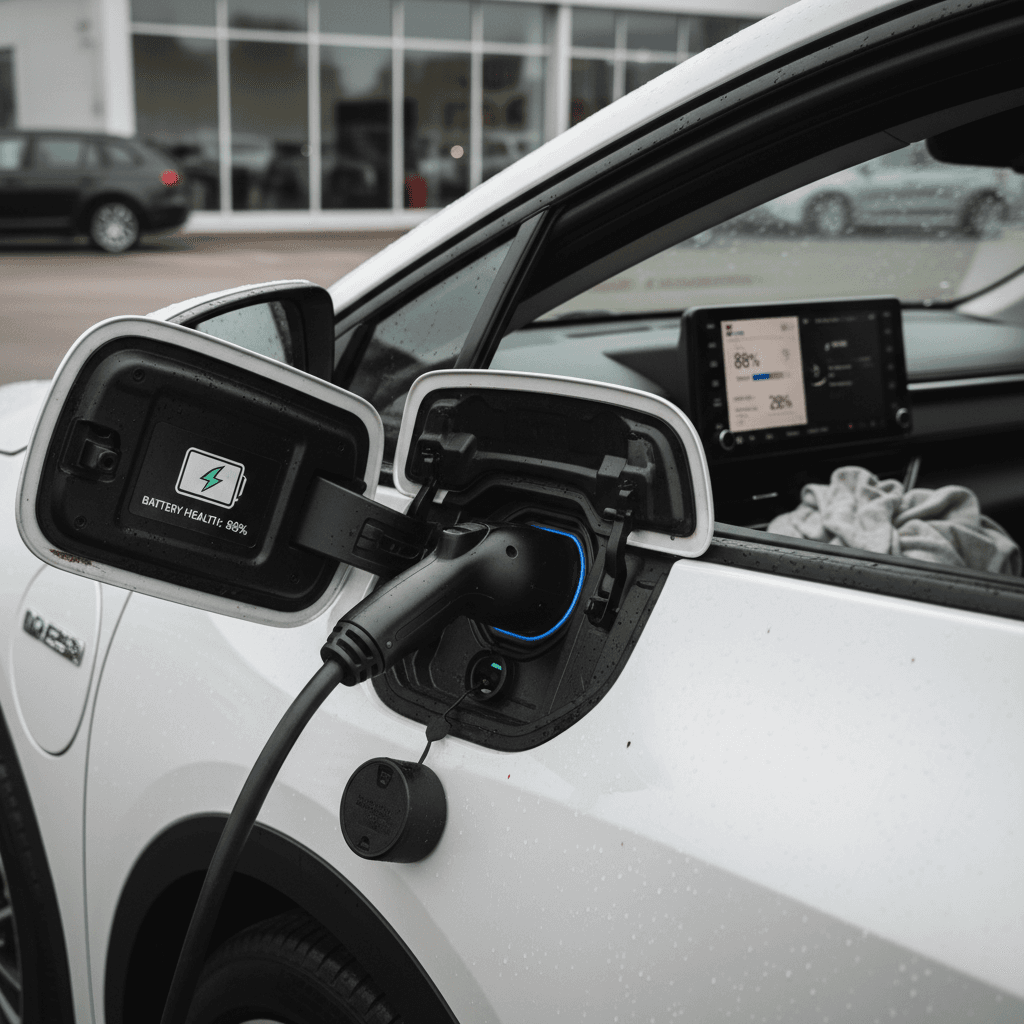 Toyota bZ4X plugged into a home charger with digital dashboard showing state of charge and battery status