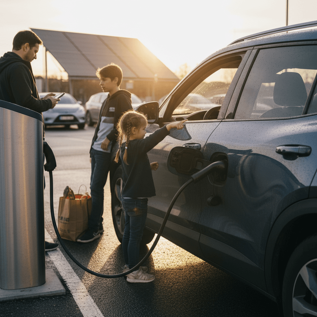 Modern electric SUV charging at a public station, representing affordable long‑range EVs like the Chevy Equinox EV