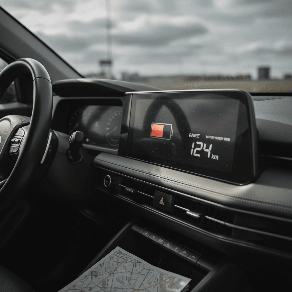 Kia EV6 instrument cluster showing battery state of charge, range estimate, and eco driving indicators