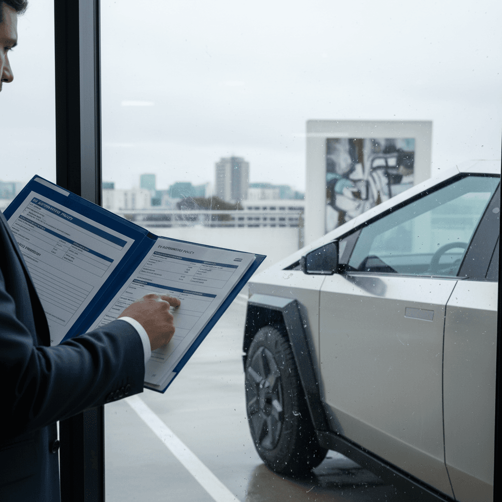 Tesla Cybertruck owner reviewing insurance documents with an agent in a bright office setting