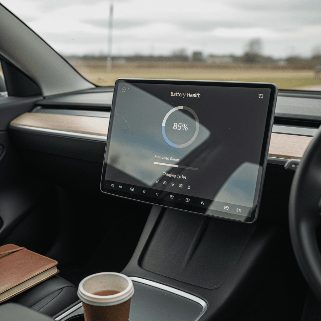 Tesla Model Y interior with center touchscreen showing navigation and controls