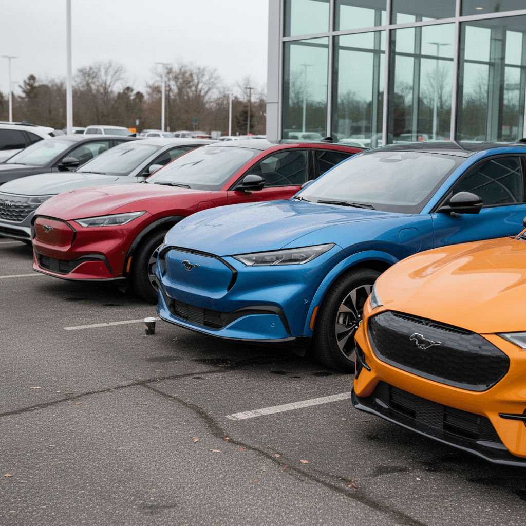 Lineup of several Ford Mustang Mach‑E trims including Select, Premium and GT parked in a dealership lot