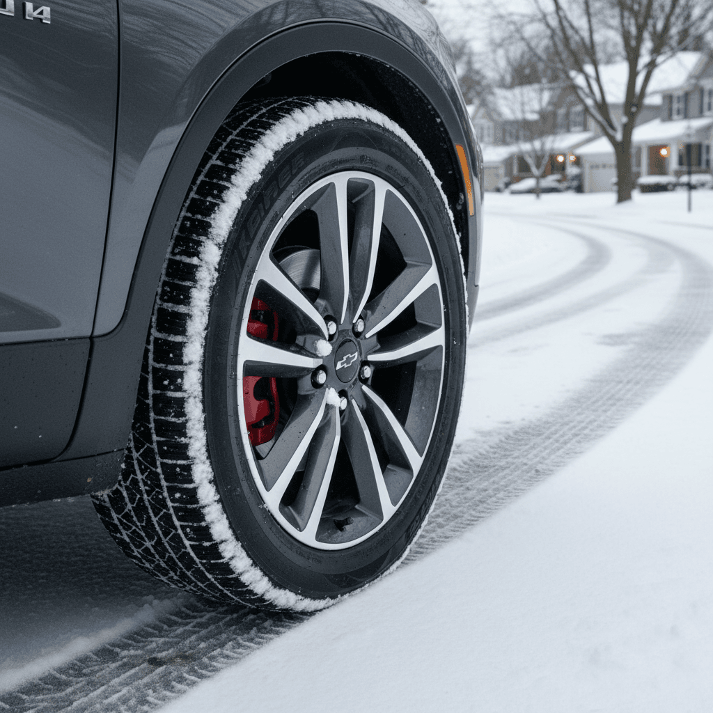 Close-up of a Chevrolet Blazer EV tire and wheel parked in shallow snow on a residential street, showing tread pattern and sidewall.