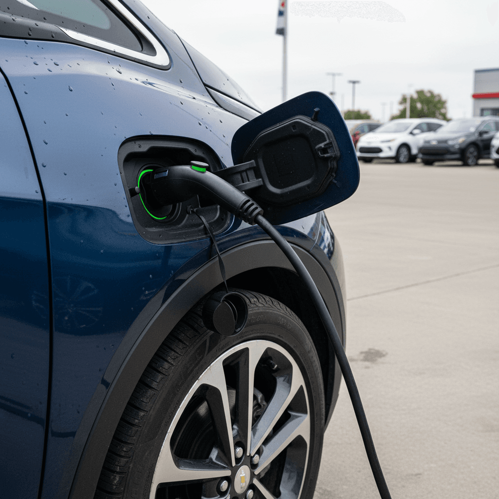 Close-up of a 2022 Chevrolet Bolt EV charging port and wheel at a dealership lot, highlighting the vehicle’s condition for trade-in.